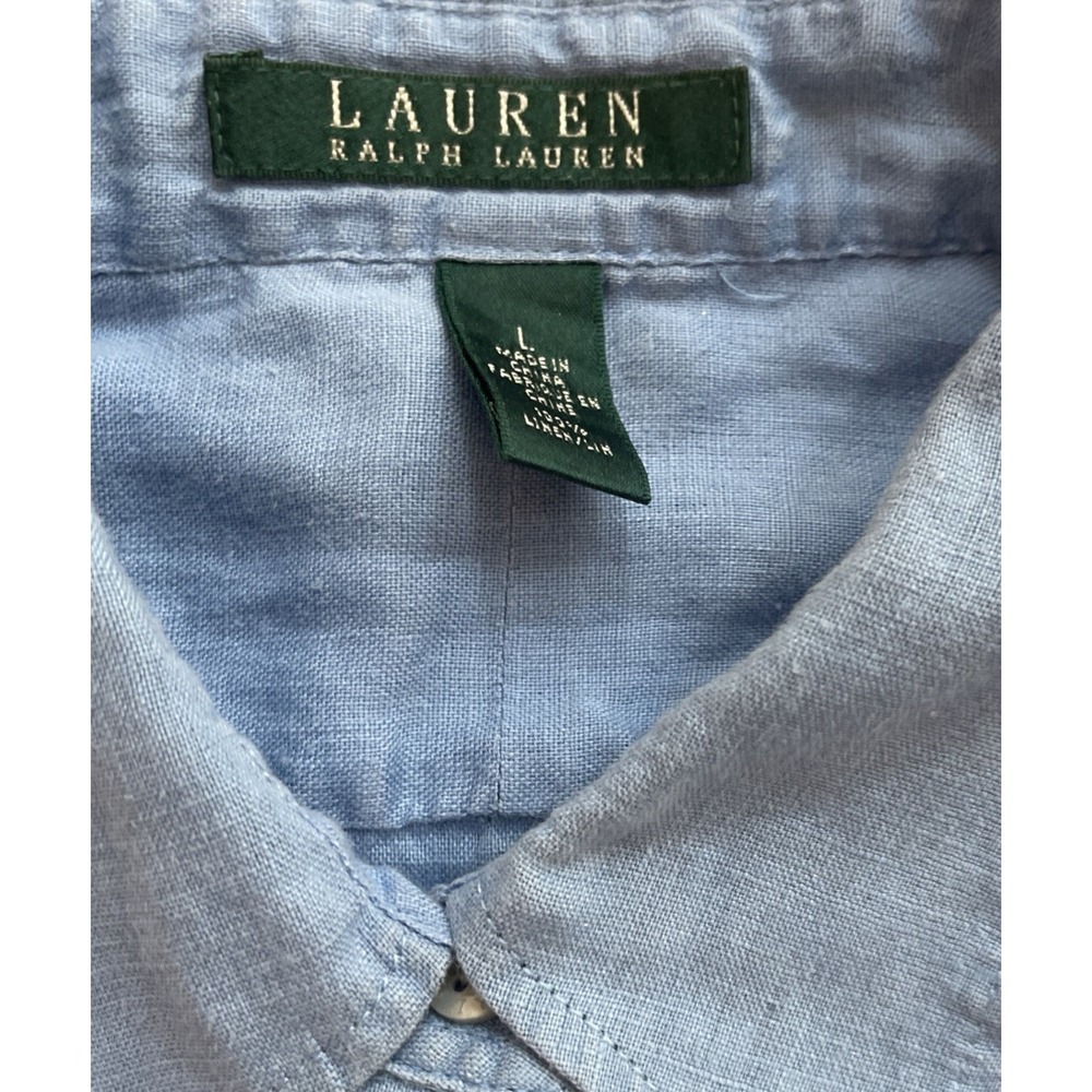 Lauren Ralph Lauren Linen Top Women's L  Blue Half Button-Up Long Sleeve - Picture 3 of 7